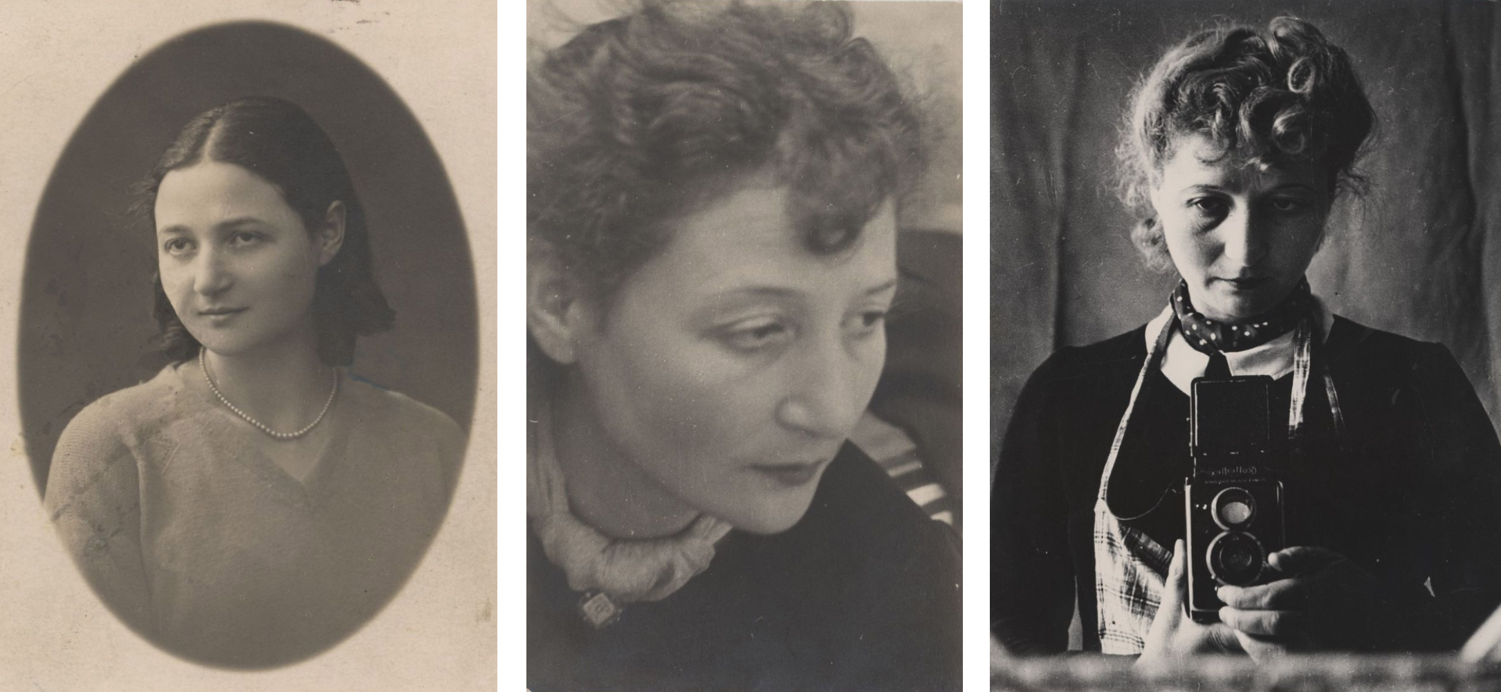 From left to right: Julia Pirotte, age 19; Pirotte's photo for a press card; her autoportrait in her apartment in Marseille, 1942 / Jewish Historical Institute