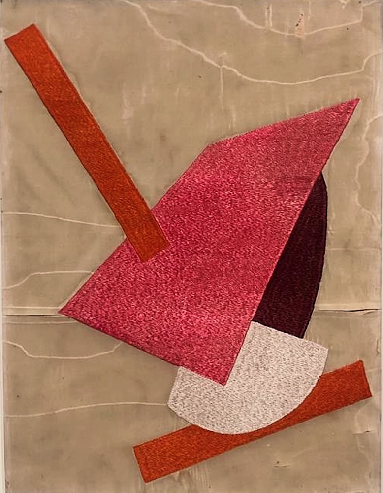 Nina Henke, Suprematist Embroidery, 1916, silk threads on moiré, executed by the Verbivka workshop / Photo by Katia Denysova / Private collection