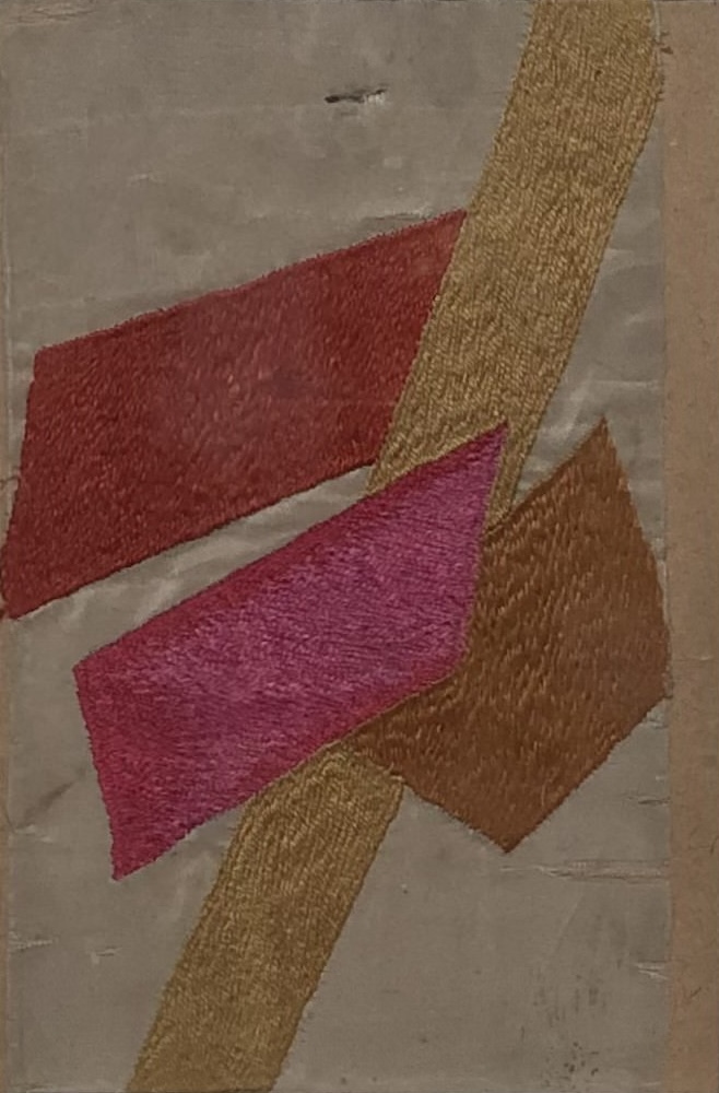 Nina Henke, Suprematist Embroidery, 1916, silk threads on moiré, executed by the Verbivka workshop / Photo by Katia Denysova / Private collection