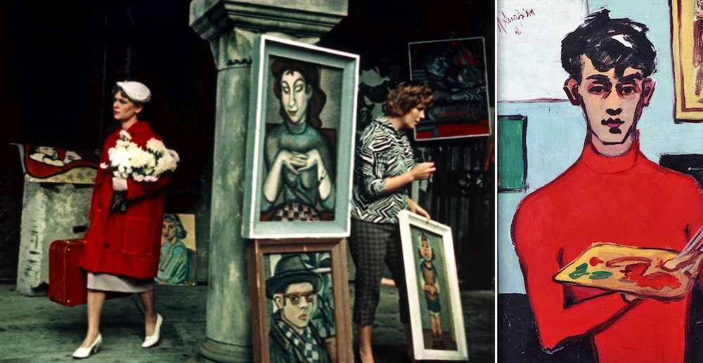 To the left: a film still from The Ukrainian Rhapsody. To the right: Myron Kypryian, Autoportrait (1961)